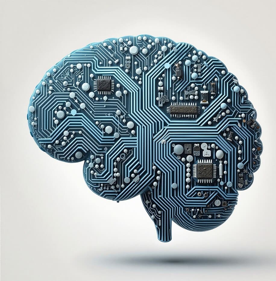 An image of computer circuitry and chips in the shape of a human brain.