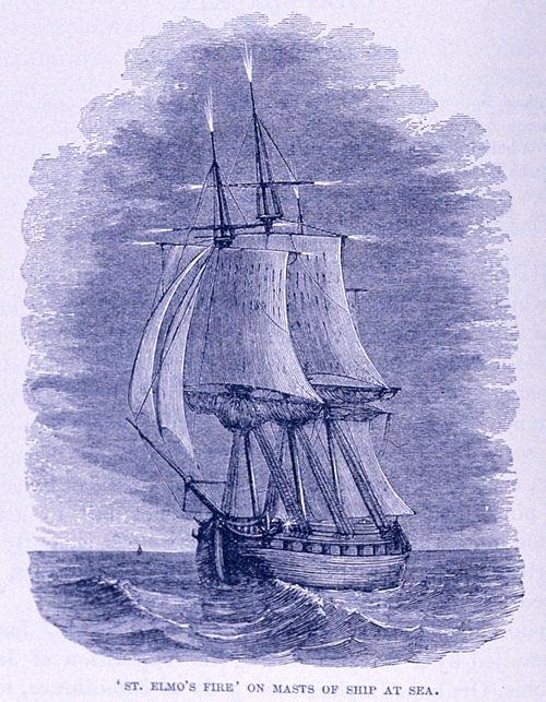 An 1886 public domain image of St. Elmo's Fire on the masts of a ship