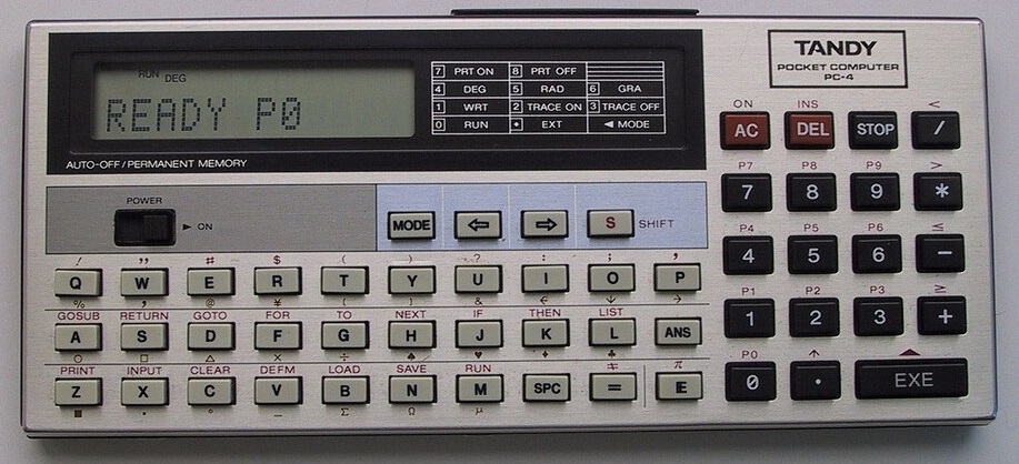 The PC-4 pocket computer resembles a large calculator but has an alphanumeric keypad and is fully programmable.