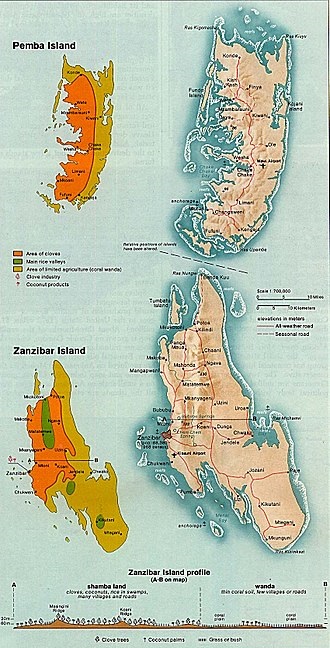 A map of Zanzibar Island and Pemba Island.